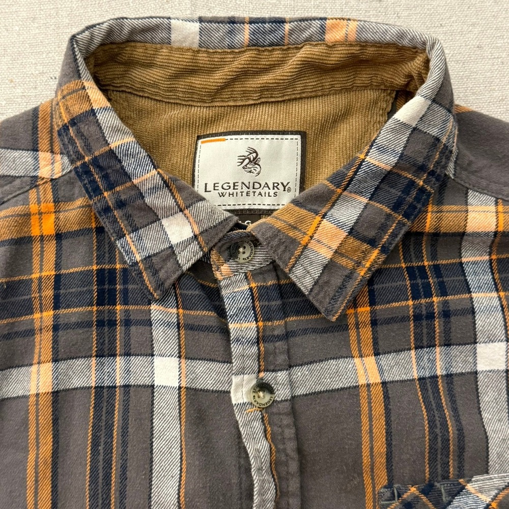Legendary Whitetails Mens Large Gray Orange Plaid Buck Camp Flannel Shirt